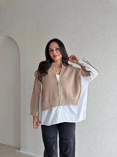 TONY Gömlek Detaylı Triko Hırka 4698 - Krem Rengi - Mooi Butik
