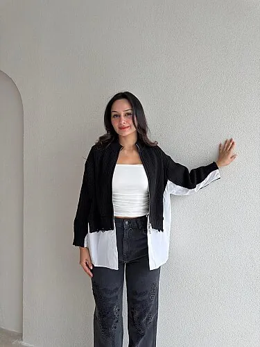 TONY Gömlek Detaylı Triko Hırka 4698 - Siyah - Mooi Butik