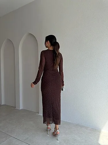 TROY Taşlı Midi Elbise 3882 - Acı Kahve - 3