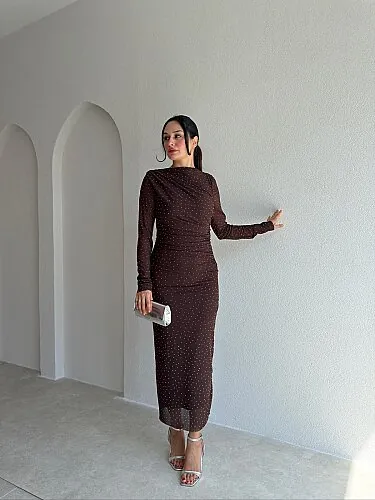 TROY Taşlı Midi Elbise 3882 - Acı Kahve 