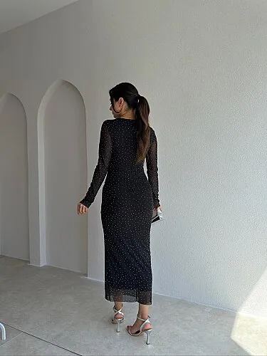 TROY Taşlı Midi Elbise 3882 - Siyah - 3