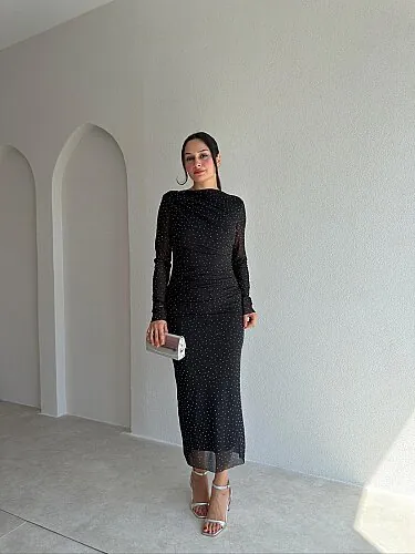 TROY Taşlı Midi Elbise 3882 - Siyah - Mooi Butik