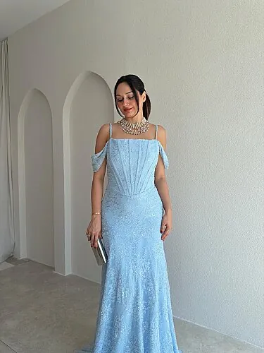  VALİENTE Korse Detaylı Maxi Elbise 4010 - Bebe Mavisi - 2