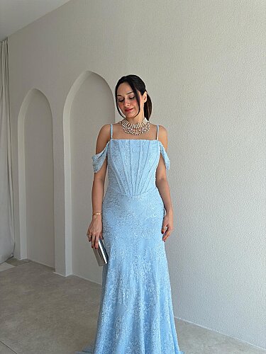  VALİENTE Korse Detaylı Maxi Elbise 4010 - Bebe Mavisi - 2