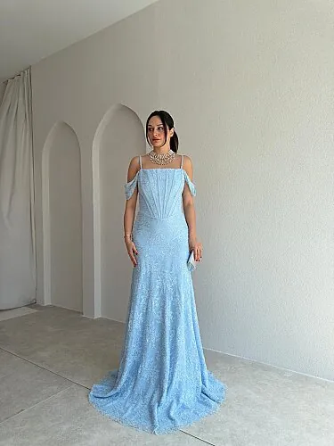  VALİENTE Korse Detaylı Maxi Elbise 4010 - Bebe Mavisi - Mooi Butik