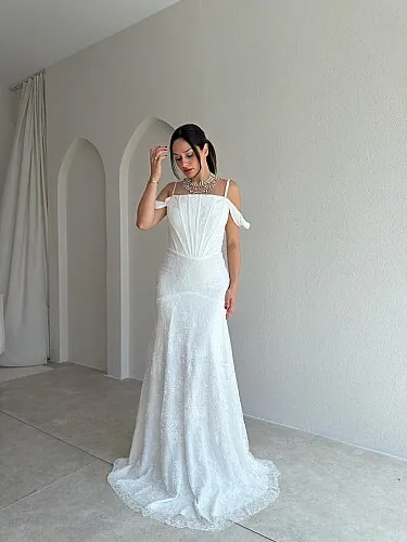  VALİENTE Korse Detaylı Maxi Elbise 4010 - Beyaz - Mooi Butik