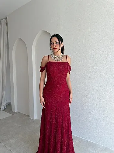 VALİENTE Korse Detaylı Maxi Elbise 4010 - Bordo - 2