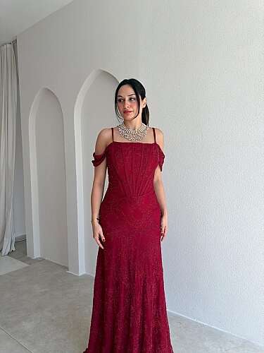 VALİENTE Korse Detaylı Maxi Elbise 4010 - Bordo - 2