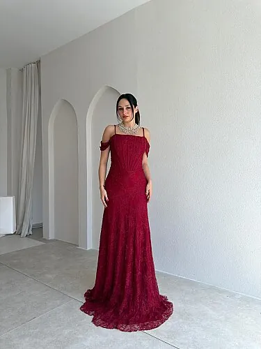 VALİENTE Korse Detaylı Maxi Elbise 4010 - Bordo 