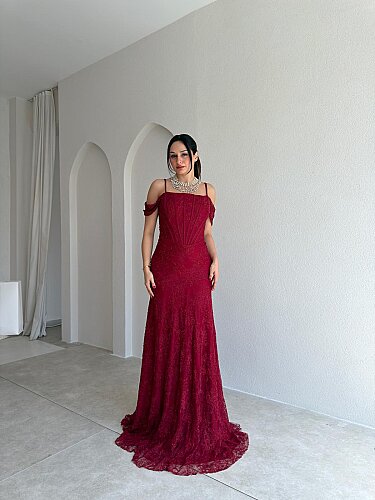 VALİENTE Korse Detaylı Maxi Elbise 4010 - Bordo - 1