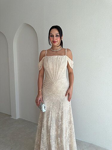 VALİENTE Korse Detaylı Maxi Elbise 4010 - Krem - 2