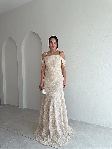 VALİENTE Korse Detaylı Maxi Elbise 4010 - Krem - Mooi Butik