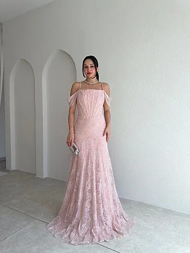 VALİENTE Korse Detaylı Maxi Elbise 4010 - Pudra - Mooi Butik