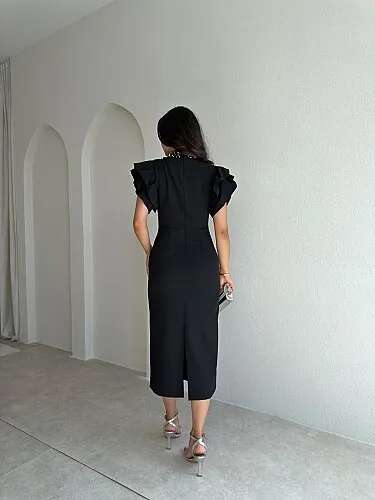 VELVET İncili Midi Elbise 4174 - Siyah - 3