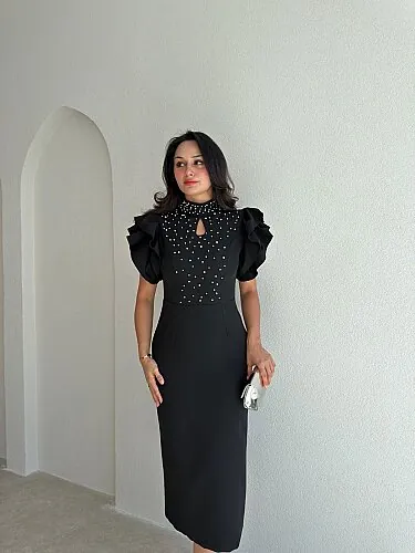 VELVET İncili Midi Elbise 4174 - Siyah - 2