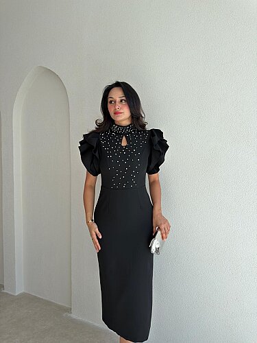 VELVET İncili Midi Elbise 4174 - Siyah - 2