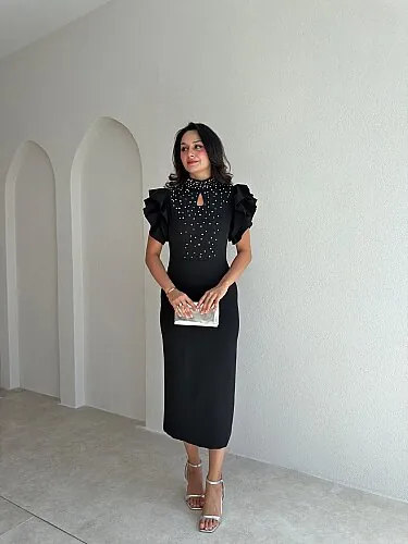 VELVET İncili Midi Elbise 4174 - Siyah - Mooi Butik