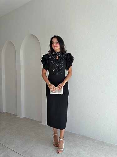 VELVET İncili Midi Elbise 4174 - Siyah - 1