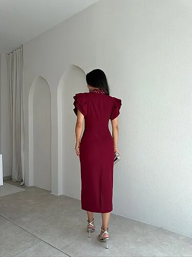 VELVET İncili Midi Elbise 4174 - Bordo - 3