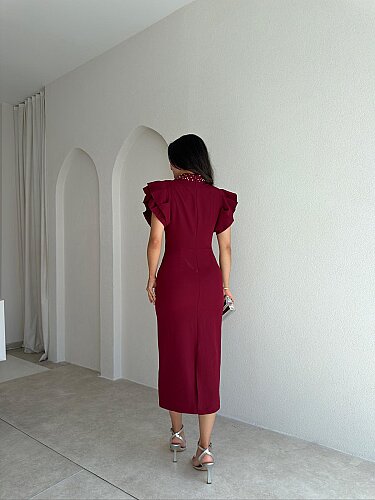 VELVET İncili Midi Elbise 4174 - Bordo - 3