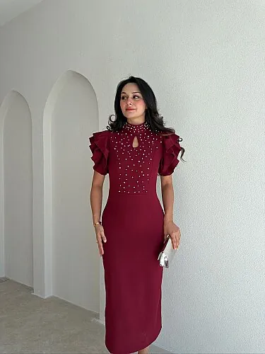 VELVET İncili Midi Elbise 4174 - Bordo - 2