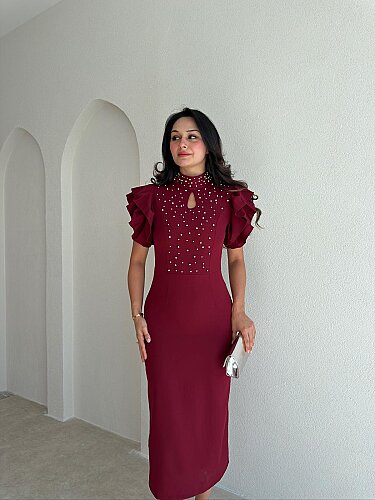 VELVET İncili Midi Elbise 4174 - Bordo - 2