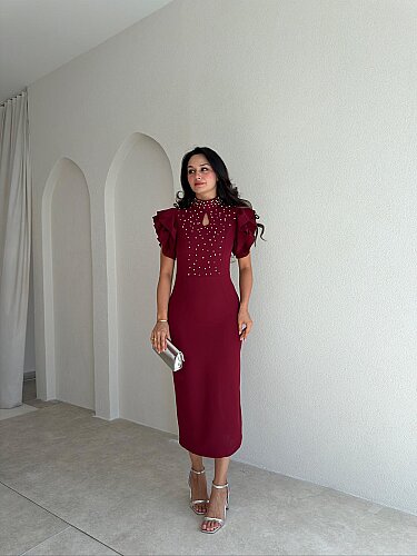 VELVET İncili Midi Elbise 4174 - Bordo - 1