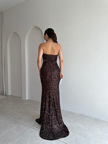 VİANA Payetli Maxi Elbise 4043 - Kahverengi - 3