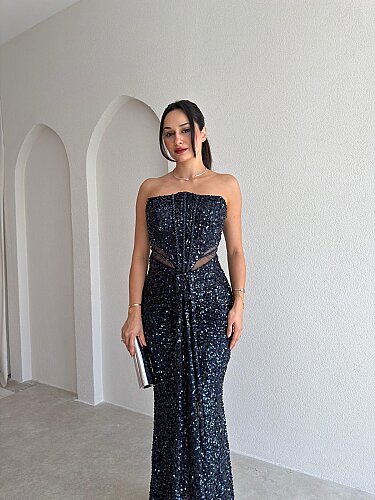 VİANA Payetli Maxi Elbise 4043 - Lacivert - 2