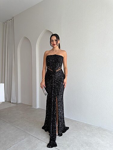 VİANA Payetli Maxi Elbise 4043 - Siyah 