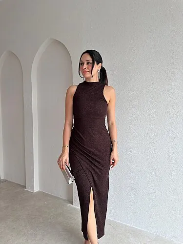 VİTAL Simli Midi Elbise 4102 - Acı Kahve - Mooi Butik