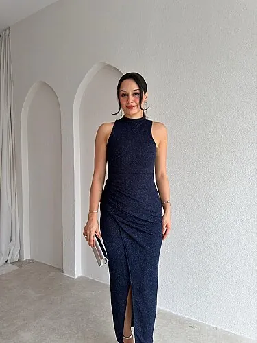VİTAL Simli Midi Elbise 4102 - Lacivert - Mooi Butik