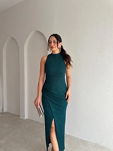 VİTAL Simli Midi Elbise 4102 - Zümrüt Yeşili - Mooi Butik
