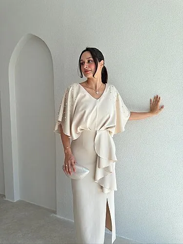 VİTARA Yaka Taş Detaylı Midi Elbise 4114 - Krem Rengi - Mooi Butik