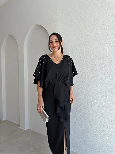 VİTARA Yaka Taş Detaylı Midi Elbise 4114 - Siyah - Mooi Butik