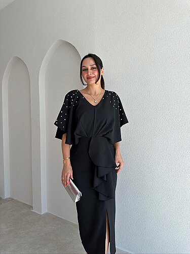 VİTARA Yaka Taş Detaylı Midi Elbise 4114 - Siyah - 1