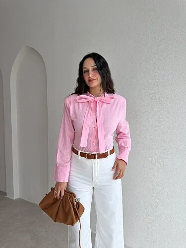 VOLGA Fular Detaylı Gömlek 4340 - Pembe - Mooi Butik