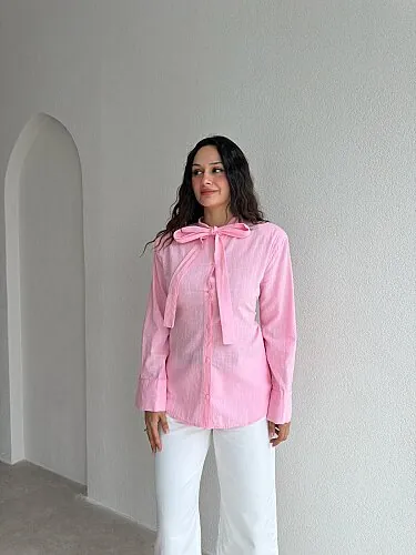 VOLGA Fular Detaylı Gömlek 4340 - Pembe - 3