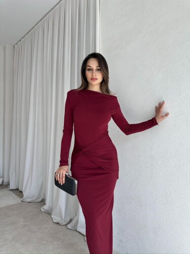  WAYLAY Maxi Elbise 8582 - Bordo - Mooi