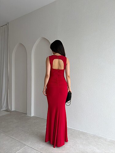WESLEY Maxi Dantelli Elbise 9004 - Kırmızı - 3