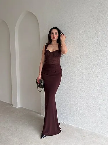 WESLEY Maxi Dantelli Elbise 9004 - Acı Kahve - Mooi Butik