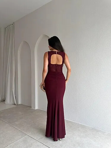 WESLEY Maxi Dantelli Elbise 9004 - Bordo - 3