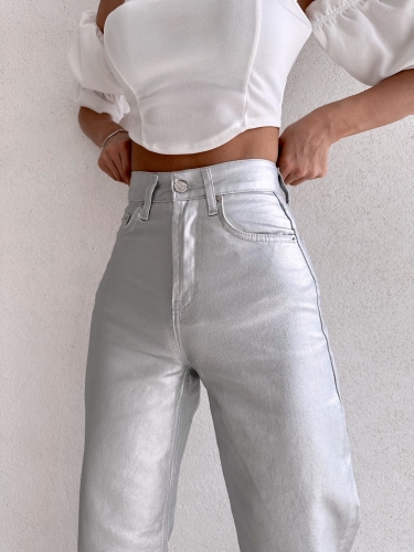Wıde Leg Yüksek Bel Gümüş Jean 8727 - 3