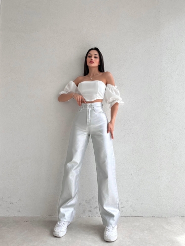 Wıde Leg Yüksek Bel Gümüş Jean 8727
