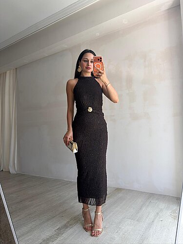 WİSTERİA Simli Midi Elbise 8959 - Acı Kahve - 3