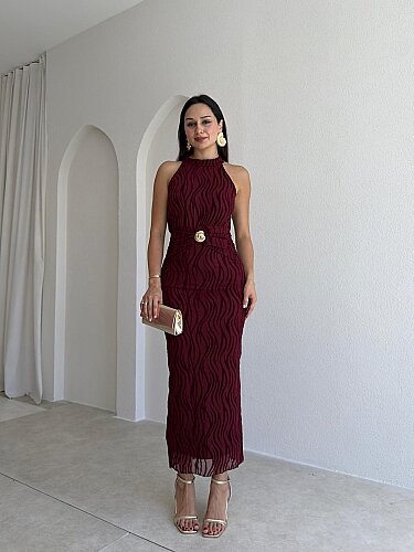 WİSTERİA Simli Midi Elbise 8959 - Bordo - 1