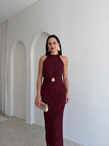 WİSTERİA Simli Midi Elbise 8959 - Bordo - 2
