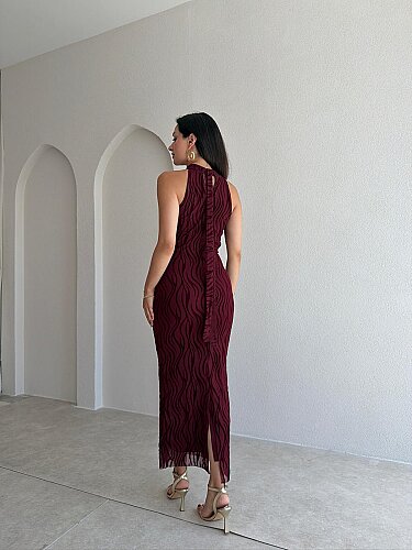 WİSTERİA Simli Midi Elbise 8959 - Bordo - 4