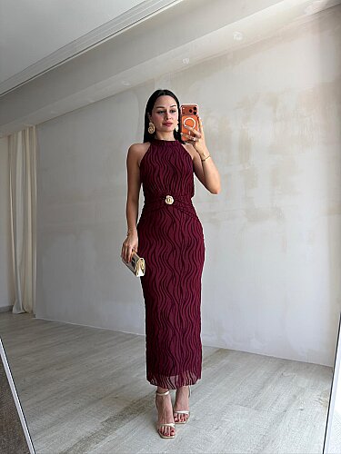 WİSTERİA Simli Midi Elbise 8959 - Bordo - 3