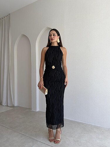 WİSTERİA Simli Midi Elbise 8959 - Siyah 